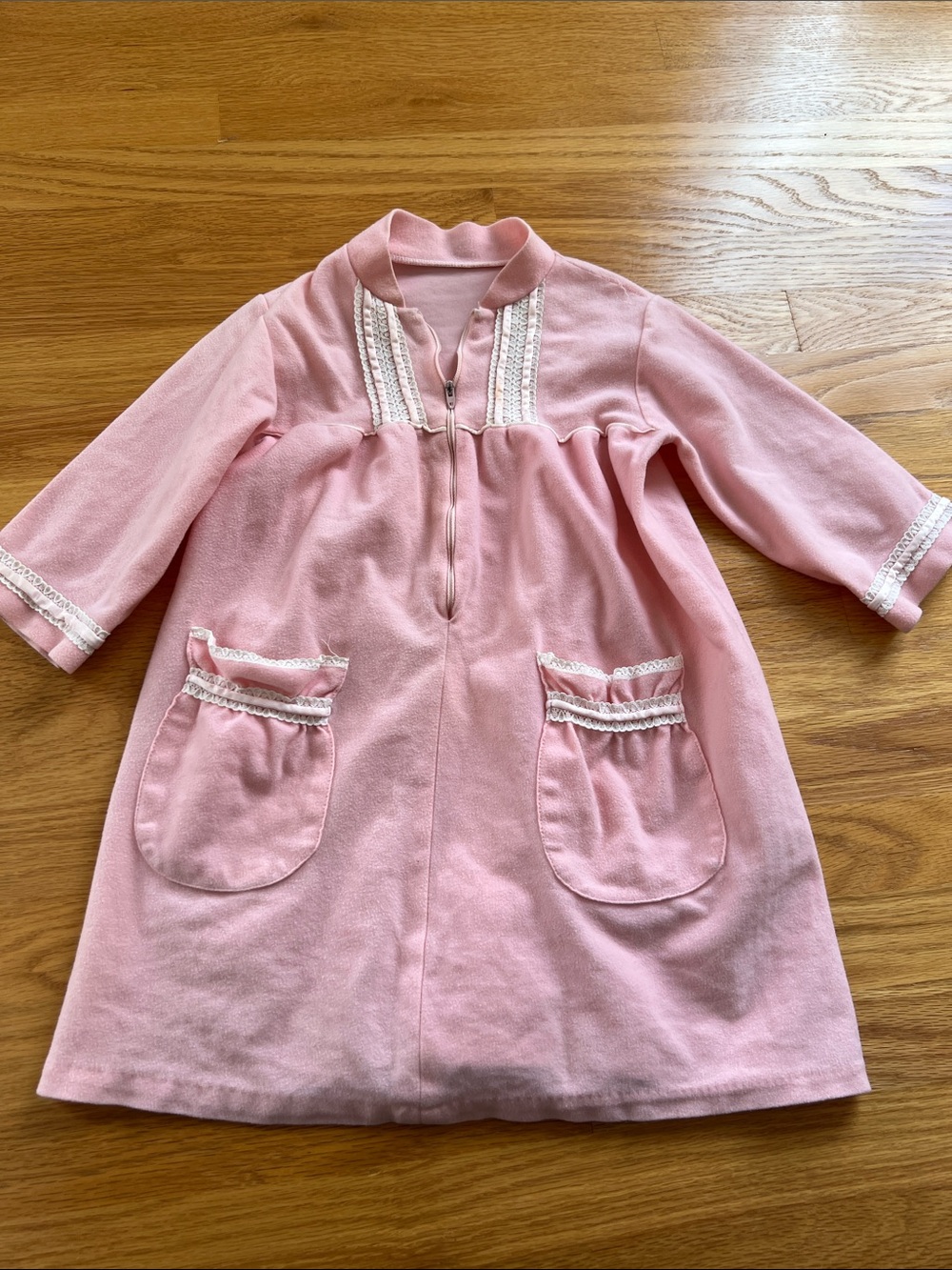 Vintage 4T Girls Pink Zip-Front Pajama Dress with Lace Trim